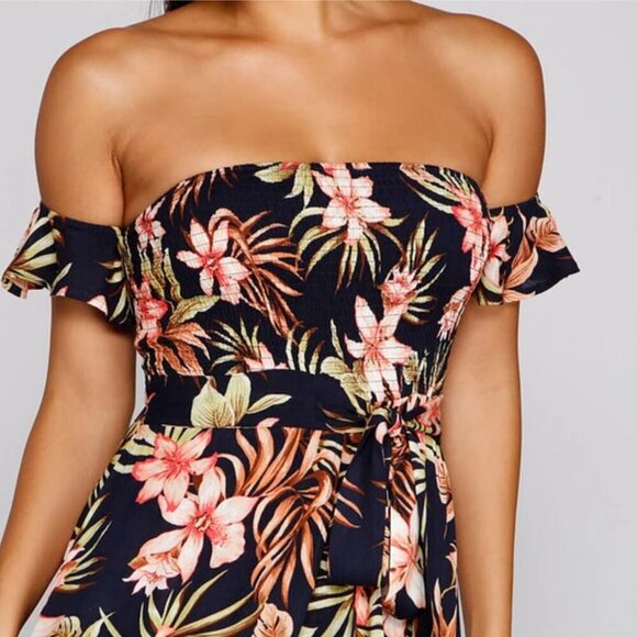 Windsor Tropical Sunsets Black Pink & Blue Floral Print Off Shoulder Maxi Dress - Picture 2 of 8